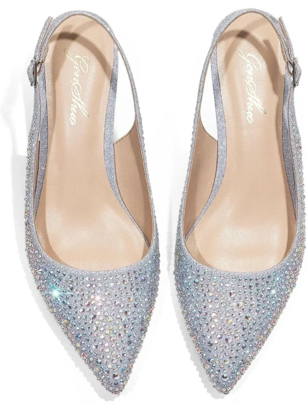 Womens Silver Rhinestone Slingback Pump Closed Toe Elegant Low Kitten Heel Shoes